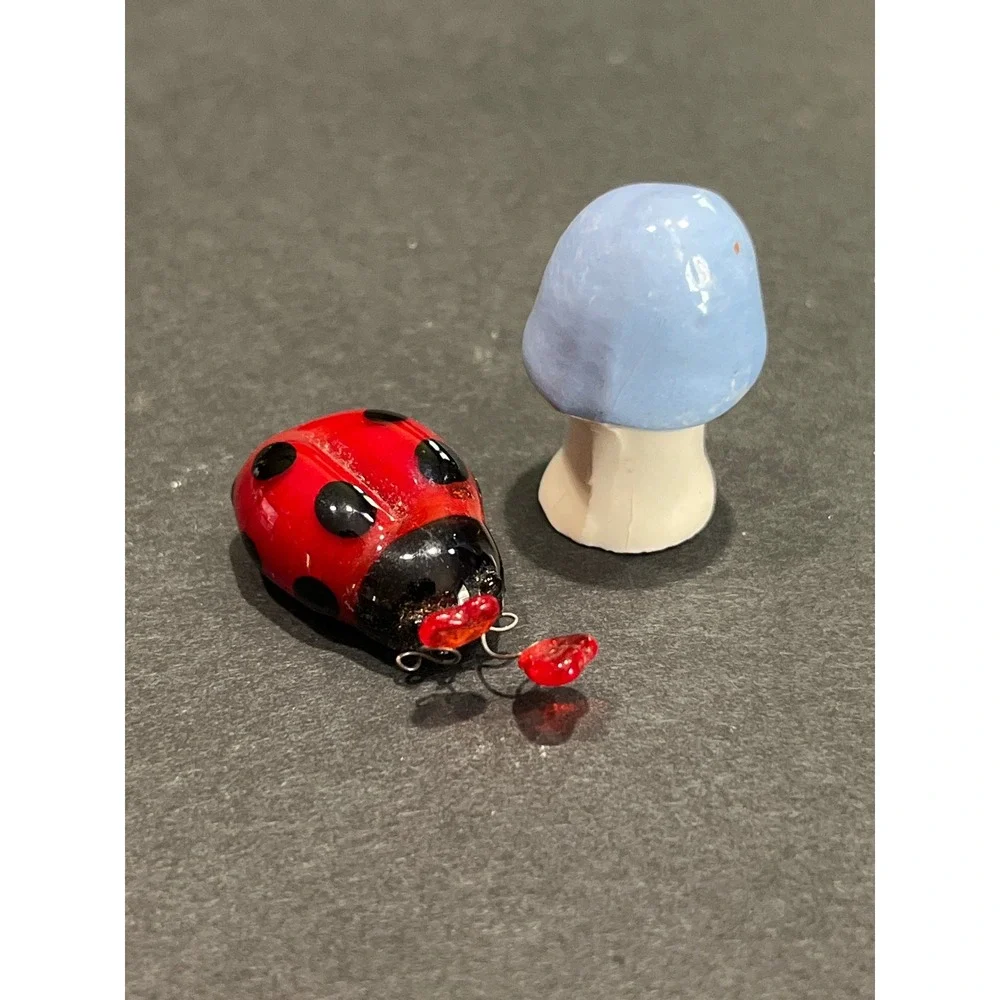 Vntg Miniature Glass Ladybug with Heart Antennae and Ceramic Blue Mushroom Set
